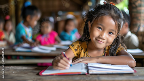 A group of southeast Asian children in a classroom, excited for their first day back at school.