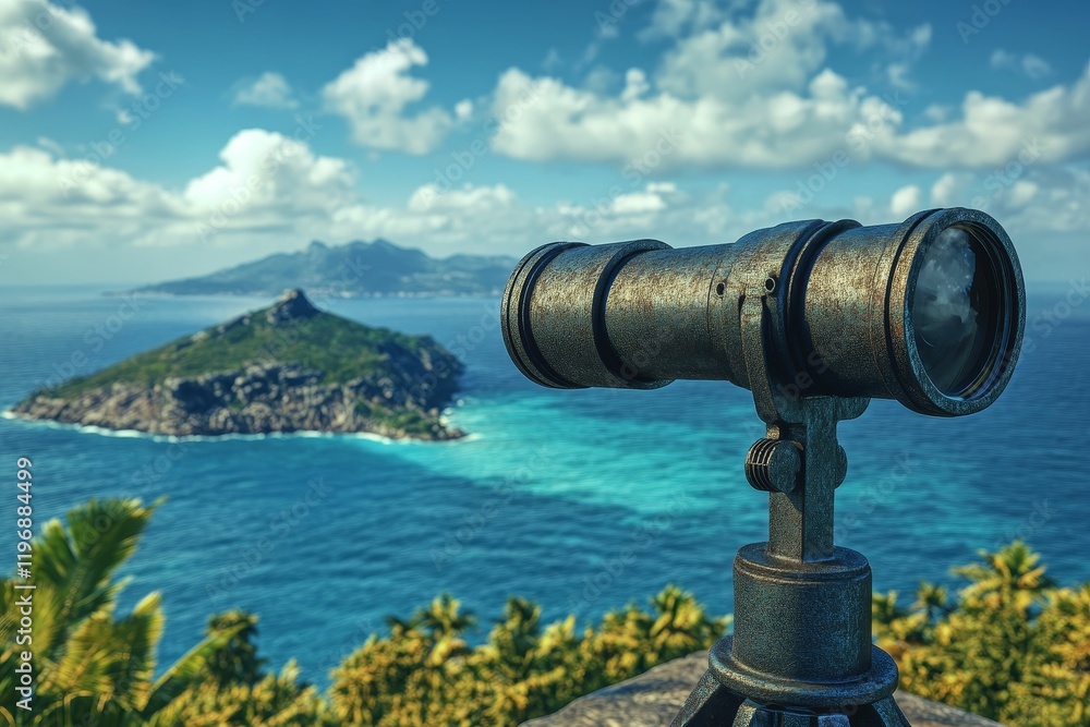 Weathered telescope views tropical island, ocean. Weathered telescope views tropical island, ocean.
