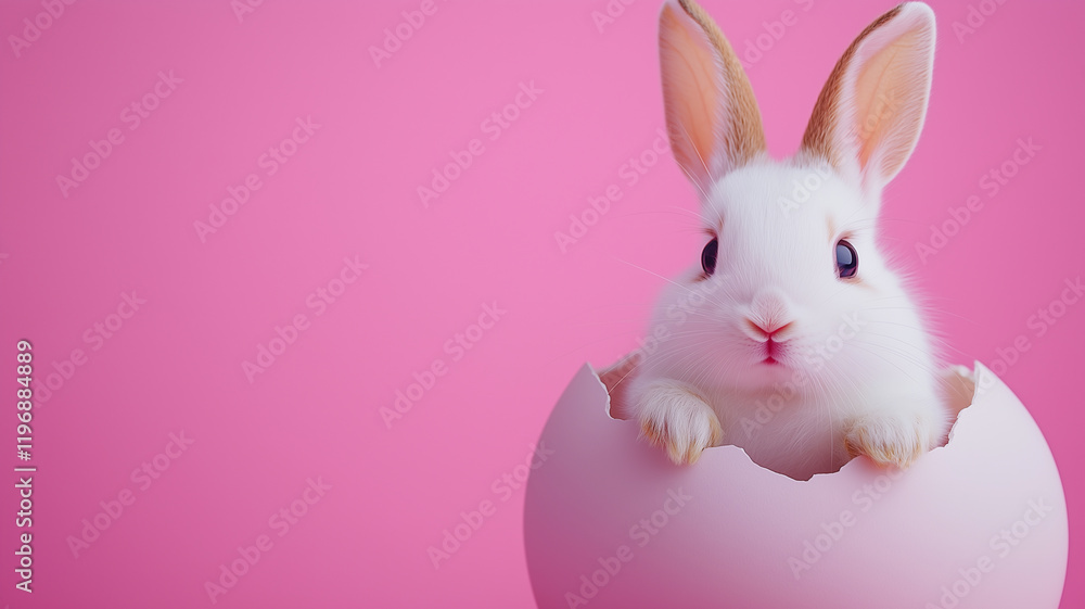 Easter white rabbit sits in egg shell on pink background, close-up. Generated by artificial intelligence. Easter white rabbit sits in egg shell on pink background, close-up. Generated by artificial intelligence.