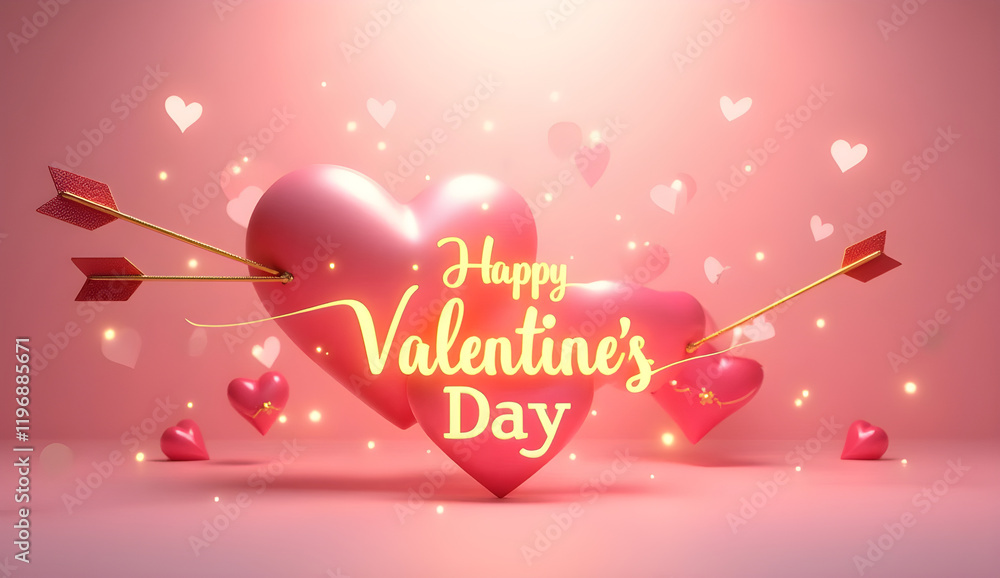 Pink hearts punctured by golden Cupid arrows, drifting heart shapes, golden Valentine's Day text on soft pink backdrop for romantic seasonal greeting Pink hearts punctured by golden Cupid arrows, drifting heart shapes, golden Valentine's Day text on soft pink backdrop for romantic seasonal greeting