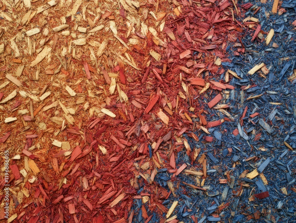 Fototapeta premium A gradient of shredded wood mulch transitions smoothly between blue and red hues, showcasing a dynamic textured pattern with an artistic environmental display.