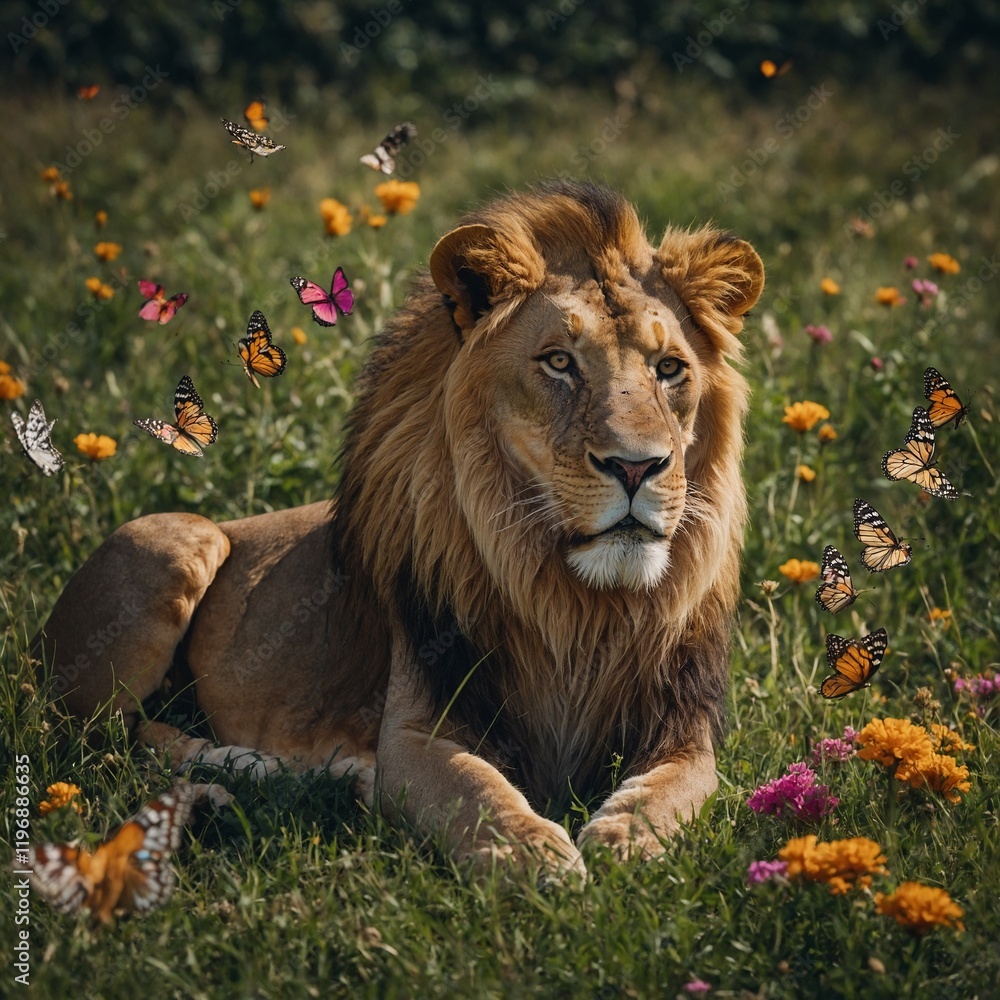 A lion resting in a lush meadow surrounded by colorful butterflies. A lion resting in a lush meadow surrounded by colorful butterflies.