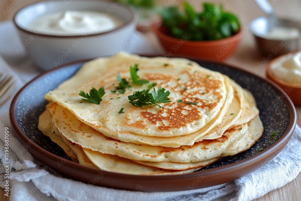 Delicious stack of freshly cooked pancakes topped with herbs and accompanied by various dips on a wooden table Delicious stack of freshly cooked pancakes topped with herbs and accompanied by various dips on a wooden table