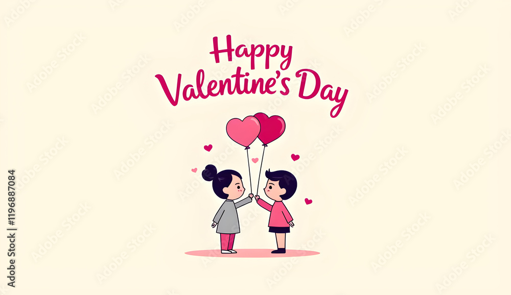 Young children sharing heart shaped balloons, Happy Valentine's Day text overhead, depicting sweet romance between kids Young children sharing heart shaped balloons, Happy Valentine's Day text overhead, depicting sweet romance between kids