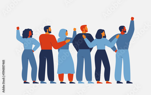 group of different people stand together for human rights and freedoms. Men and women fight and protest for equality and inclusion.   Community unity, friendship and support concept