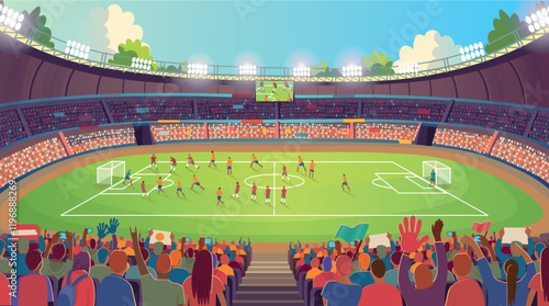 Soccer stadium. A large stadium arena with fans and a soccer field. Soccer field and fans. Soccer fans cheer their team.
