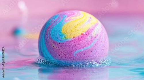 Pastel Rainbow Bath Bomb Dissolving in Water Bubbles photo