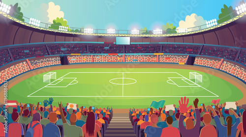 Soccer stadium. A large stadium arena with fans and a soccer field. Soccer field and fans. Soccer fans cheer their team.