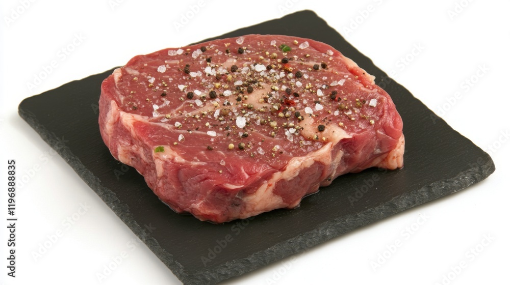 Fresh Uncooked Steak on Slate Plate with Seasoning, Isolated on White Background, Perfect for Culinary or Food Photography Projects Fresh Uncooked Steak on Slate Plate with Seasoning, Isolated on White Background, Perfect for Culinary or Food Photography Projects