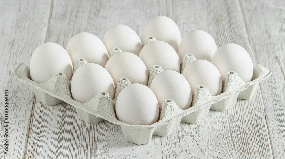 Close-up view of raw chicken eggs in egg box on white wooden background Close-up view of raw chicken eggs in egg box on white wooden background