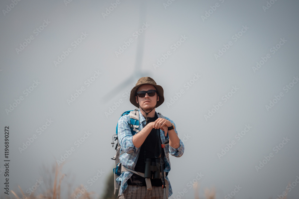 Obraz premium Hiker or explorer on journey carrying backpack, trekking poles hiking landscape with wind turbines farm background trekking and trail exploration holiday ecotourism concept.