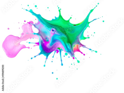 An artistic paint splatter with vibrant colors like red, yellow, blue, and green, arranged randomly on a clean white background. The splatter has a dynamic and energetic feel, perfect for modern desig photo