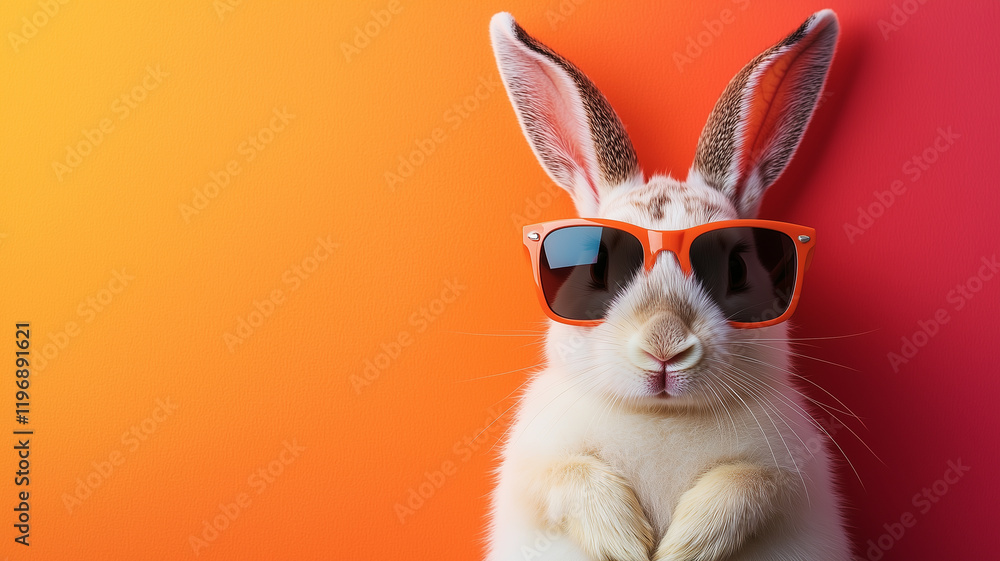 Fototapeta premium White Easter bunny in sunglasses on orange background, close-up. Generated by artificial intelligence.