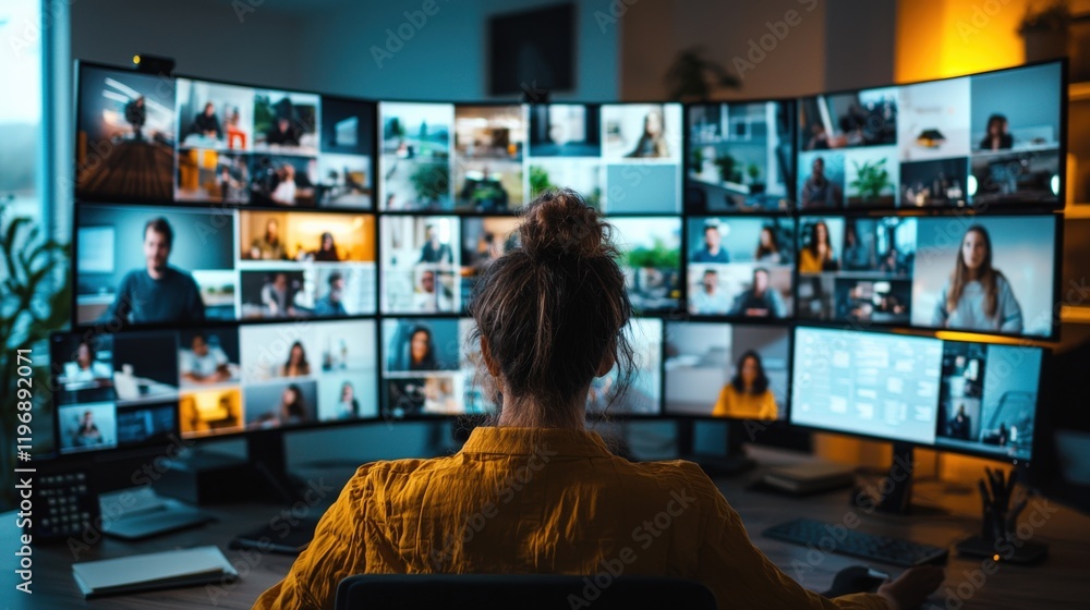 Person Engaged in Virtual Meetings with Multiple Monitors Displaying Video Conferencing Calls Person Engaged in Virtual Meetings with Multiple Monitors Displaying Video Conferencing Calls