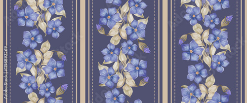 Hand-drawn colorful periwinkle flower seamless pattern, Vinca watercolor botanical texture