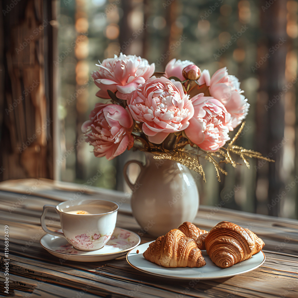 Elegant breakfast with peonies and croissants on a rustic table Elegant breakfast with peonies and croissants on a rustic table