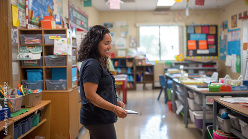 An elementary school teacher preparing a tidy classroom for the new school year, organizing desks and placing supplies, symbolizing anticipation for a January start.