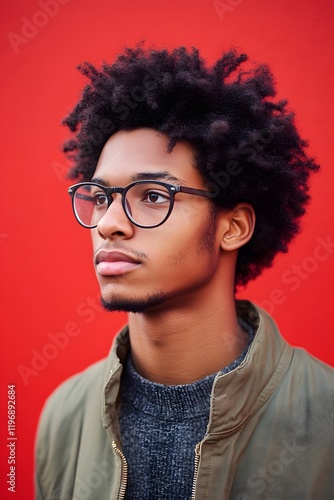 Young Black Man with Afro  Glasses  and Green Jacket