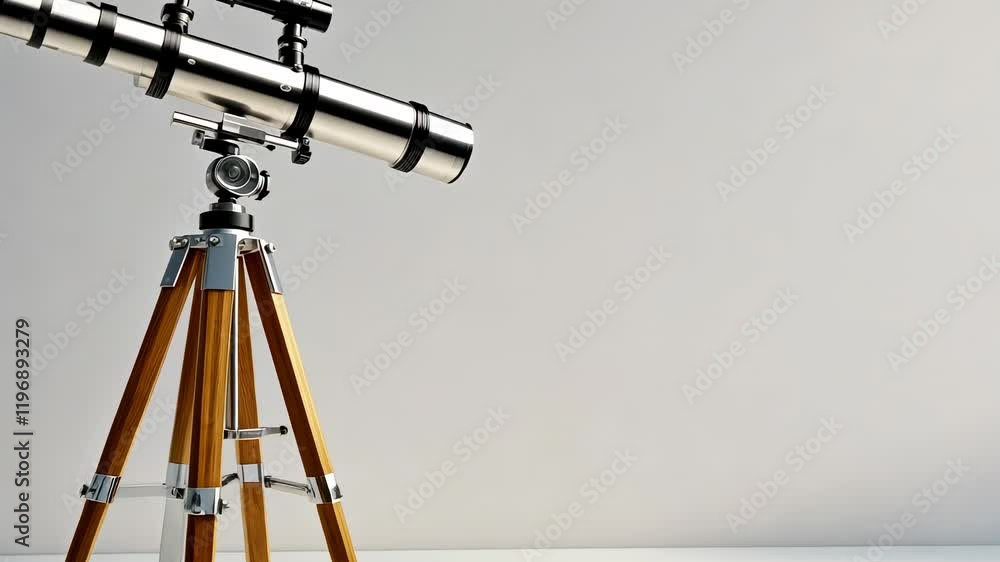 A sleek telescope mounted on a wooden tripod, positioned against a minimalist background, ideal for stargazing A sleek telescope mounted on a wooden tripod, positioned against a minimalist background, ideal for stargazing
