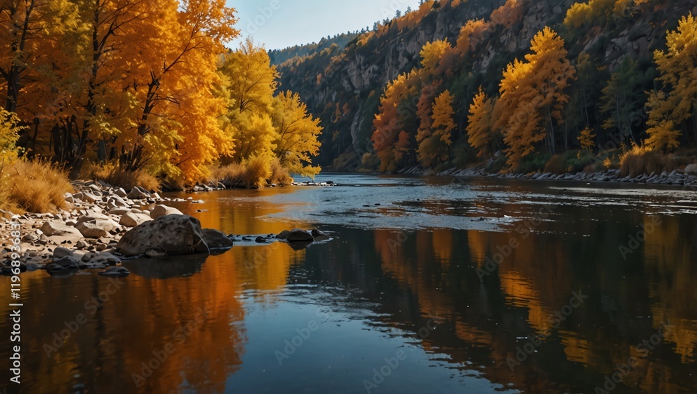 Autumn in the park . A river flows through a forested canyon in autumn, the gold and yellow leaves reflecting in the calm water. Autumn in the park . A river flows through a forested canyon in autumn, the gold and yellow leaves reflecting in the calm water.