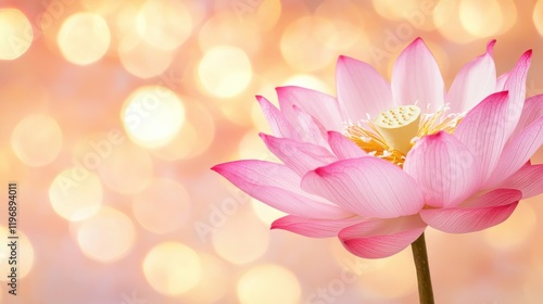 A delicate pink lotus flower stands out against a soft, shimmering background of warm bokeh lights, evoking tranquility and beauty.