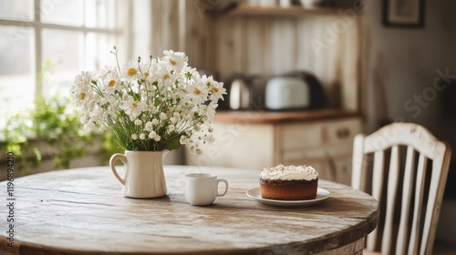 Wallpaper Mural Fresh flowers and dessert on rustic kitchen table in cozy setting Torontodigital.ca