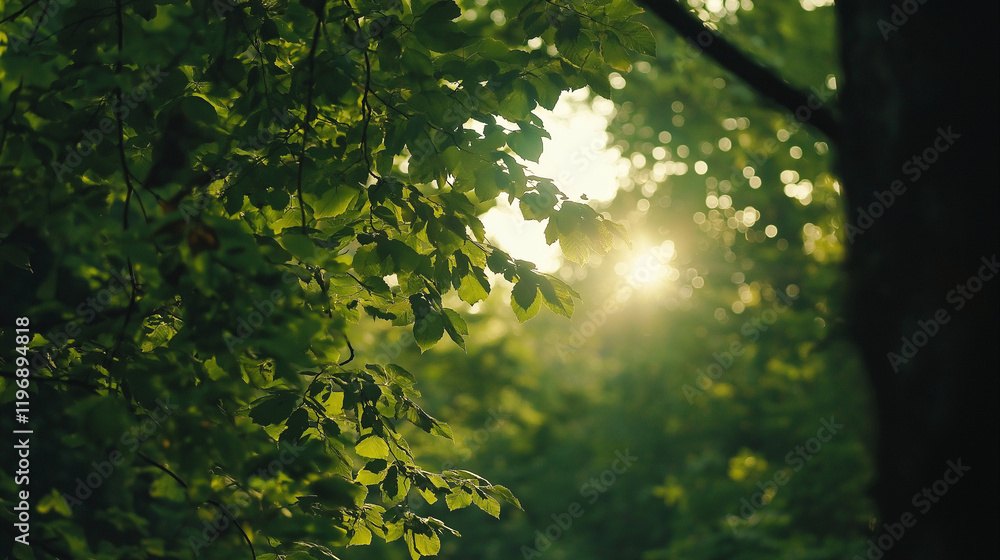 Fototapeta premium Scenic Forest with Sun Rays Through Fresh Green Deciduous Trees and Lush Foliage