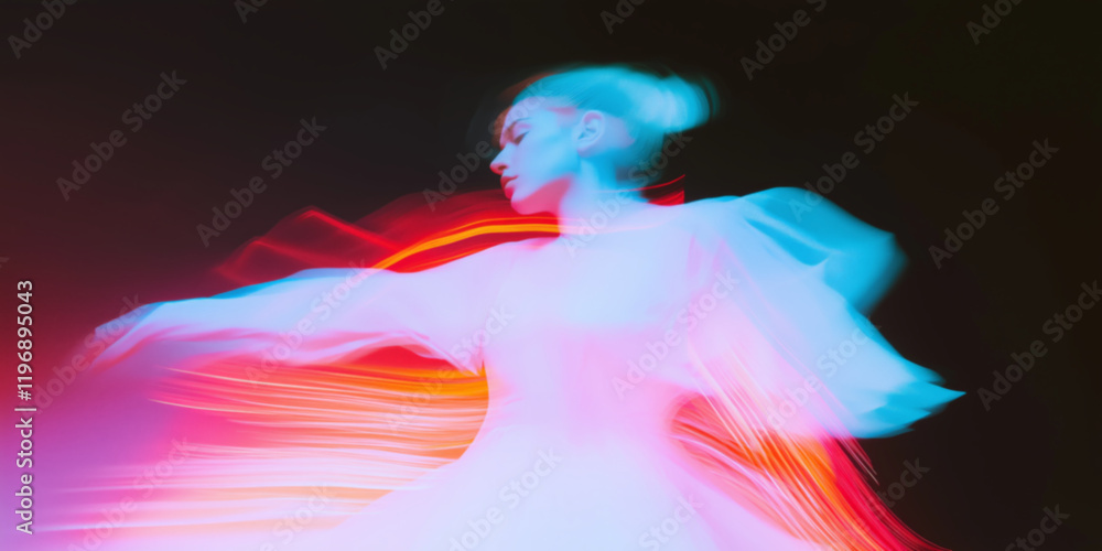 Obraz premium graceful woman dancer in motion blur with vibrant neon light painting effects, capturing artistic fluidity, glowing colors, and experimental elegance on a dark background