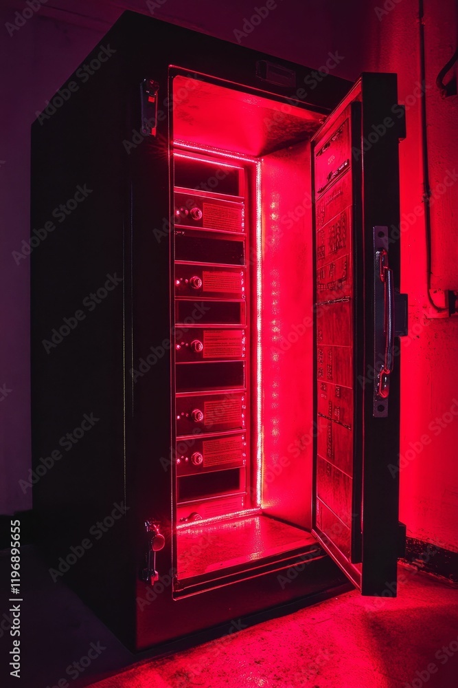 Red-lit metal cabinet with open door, interior drawers. Red-lit metal cabinet with open door, interior drawers.