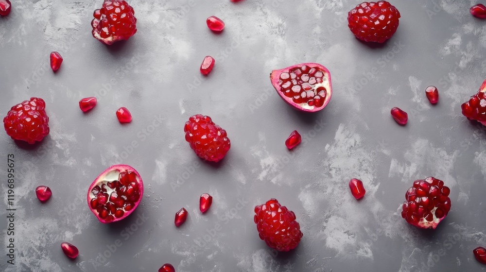 Scattered raspberries and pomegranate seeds on a gray surface Scattered raspberries and pomegranate seeds on a gray surface