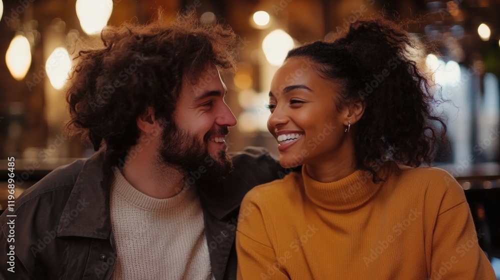Naklejka premium Joyful couple sharing a special moment in a cozy cafe