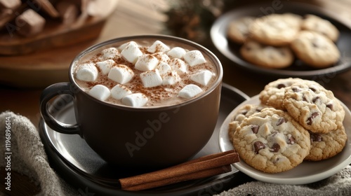 A cozy winter dessert setup with hot chocolate topped with photo