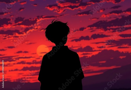 Silhouette Boy Sunset Red Sky Anime Art Dramatic View