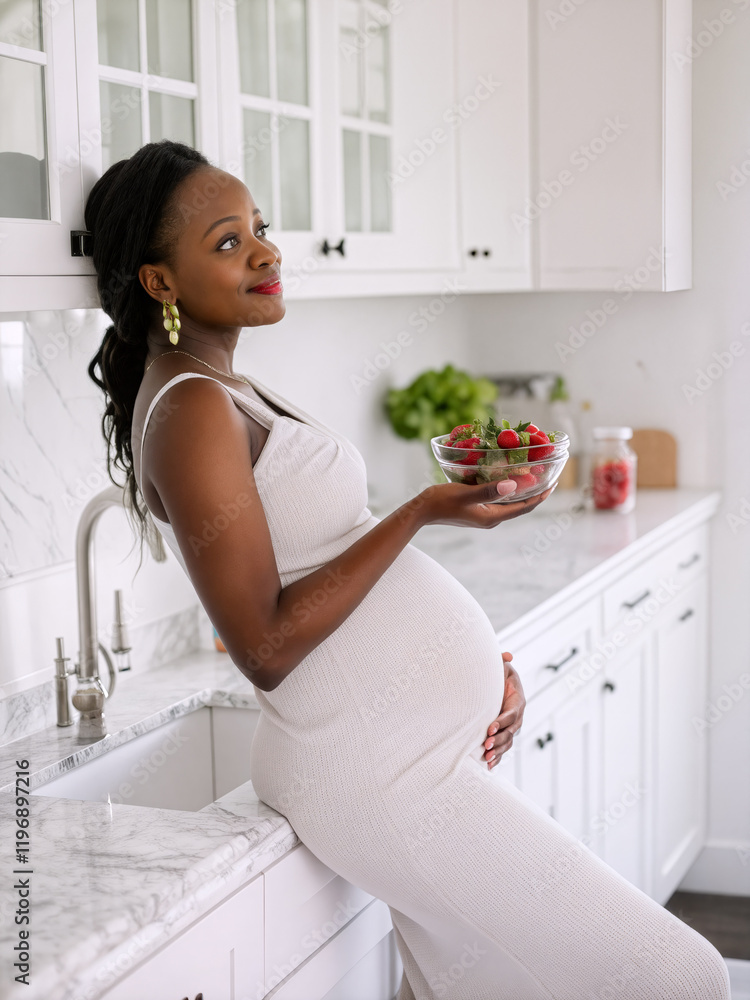 A pregnant african american woman in a fitted dress cradles her baby bump while holding a bowl of strawberries in a modern kitchen, illuminated by natural light - Generative AI A pregnant african american woman in a fitted dress cradles her baby bump while holding a bowl of strawberries in a modern kitchen, illuminated by natural light - Generative AI