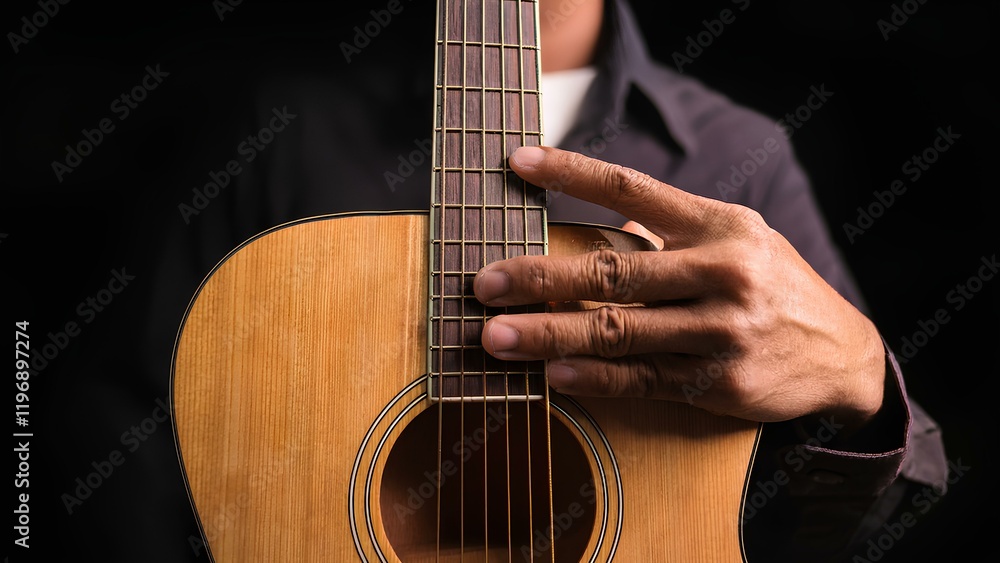 Fototapeta premium The musician's hand gently rests on the guitar's neck, immersing the viewer in a creative atmosphere. The warm light highlights the texture of the wood and creates an intimate ambiance.