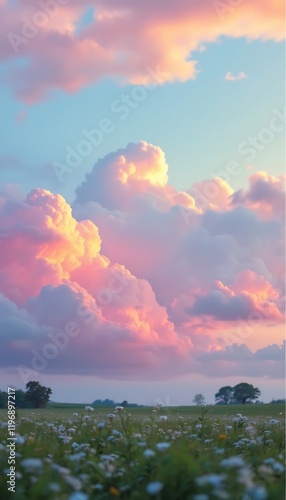 Pastel Sunset Clouds Over Wildflower Field Landscape phone background wallpaper