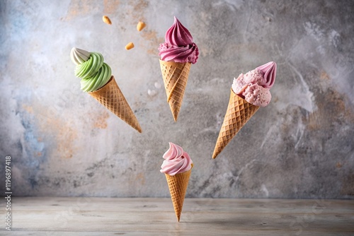 Sweet dessert. Ice cream cones with different flavors on a concrete gray background. World Ice Cream Day. photo