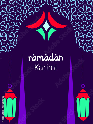 Ramadan Kareem.  Vector bright illustration of lanterns and oriental pattern for greeting card, poster or background