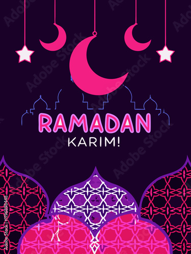Ramadan Kareem.  Vector bright illustration of mosque, crescent, stars,pattern for greeting card, poster or background