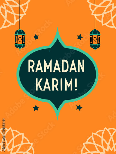 Ramadan Kareem.  Vector bright illustration of lanterns, inscriptions and oriental patterns for a greeting card, poster or background