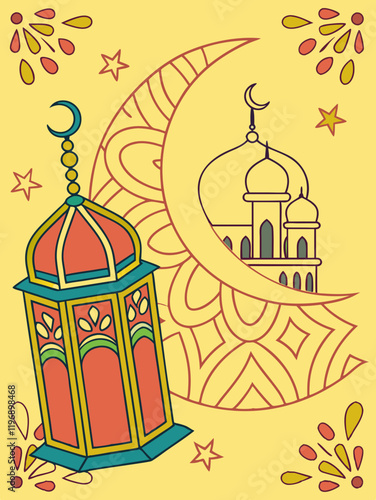 Ramadan Kareem.  Vector bright illustration of lantern,mosque and crescent for greeting card, poster or background