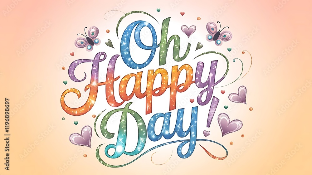 The text features vibrant colors, sparkling embellishments, butterflies, hearts, and swirls, positioned centrally with a pastel orange gradient background, showcasing Oh Happy Day!. The text features vibrant colors, sparkling embellishments, butterflies, hearts, and swirls, positioned centrally with a pastel orange gradient background, showcasing Oh Happy Day!.
