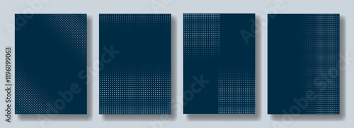 Abstract vertical poster set with halftone dotted grid texture on dark blue background. Monochrome geometric banner with grain noise and copy space. Minimalist modern design, empty vector template.