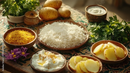 Fresh ingredients for Persian Tahdig, rustic style, warm colors, traditional cuisine photo