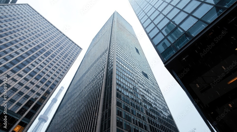 Toronto's Financial District skyscrapers under gentle, soft light diffused shadows, subtle illumination, detailed focus, Toronto's Financial District skyscrapers under gentle, soft light diffused shadows, subtle illumination, detailed focus,