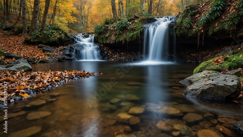 waterfall in autumn forest . An autumn scene shows two small waterfalls flowing into a clear pool.