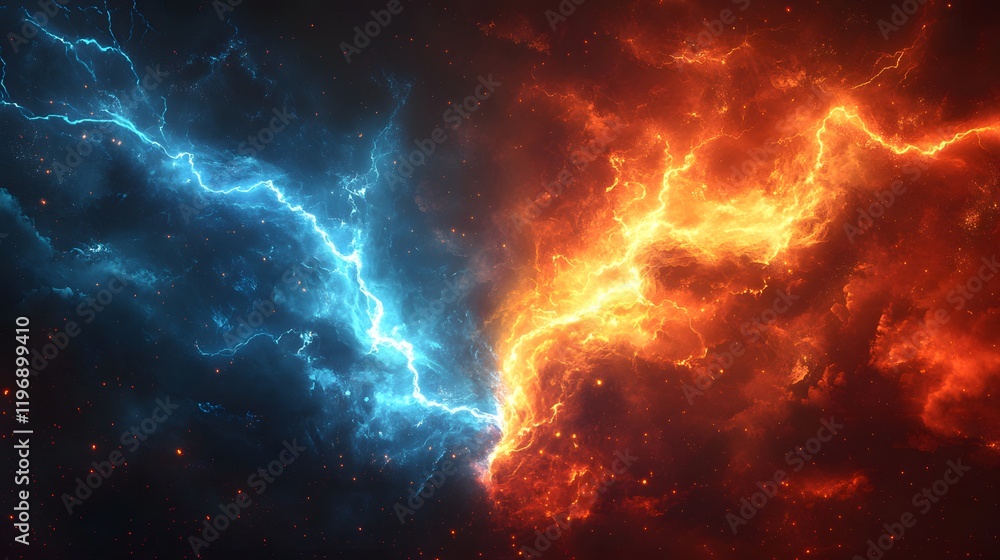 Dynamic Lightning Collision Illustration with Vivid Red and Blue Background Capturing the Essence of Competition and Confrontation in a Vector Style Dynamic Lightning Collision Illustration with Vivid Red and Blue Background Capturing the Essence of Competition and Confrontation in a Vector Style