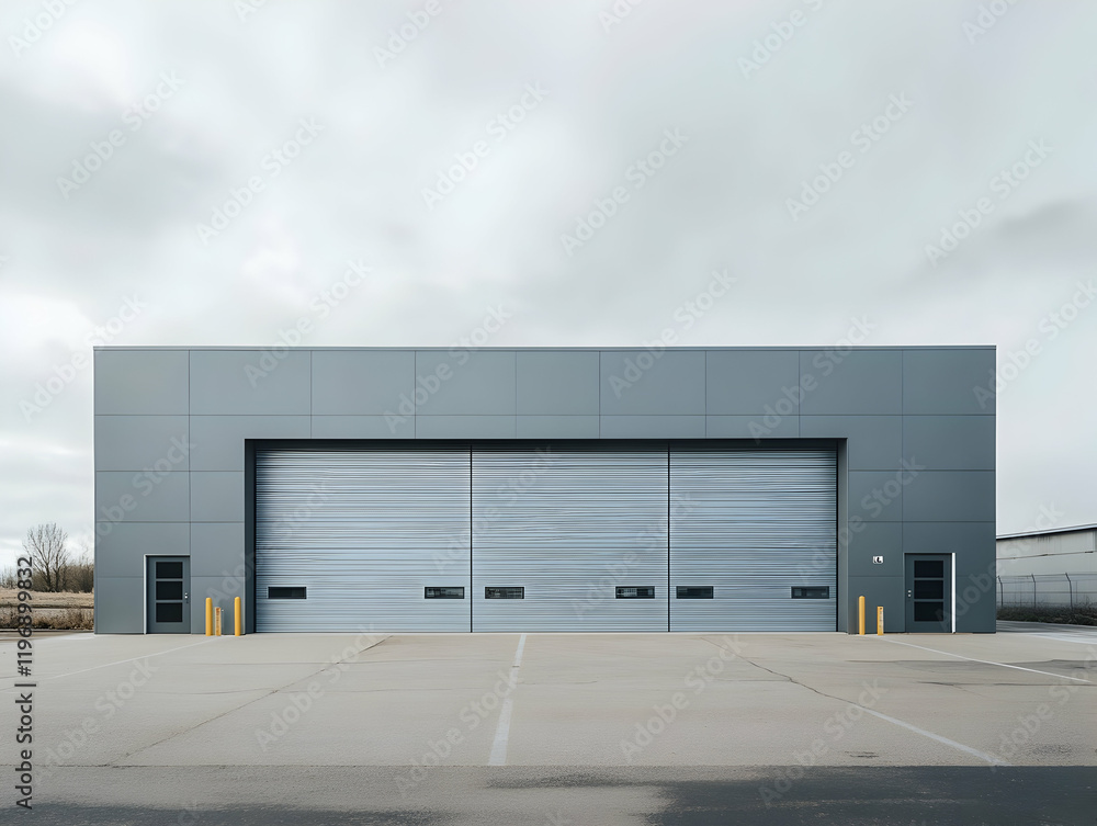 custom made wallpaper toronto digitalIndustrial warehouse with corrugated steel walls and large entrance doors, illuminated by bright sunlight. Generative AI