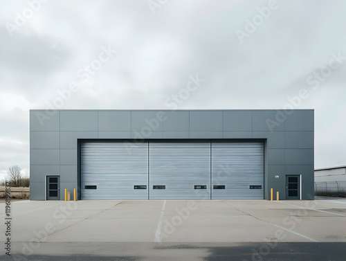 Wallpaper Mural Industrial warehouse with corrugated steel walls and large entrance doors, illuminated by bright sunlight. Generative AI Torontodigital.ca
