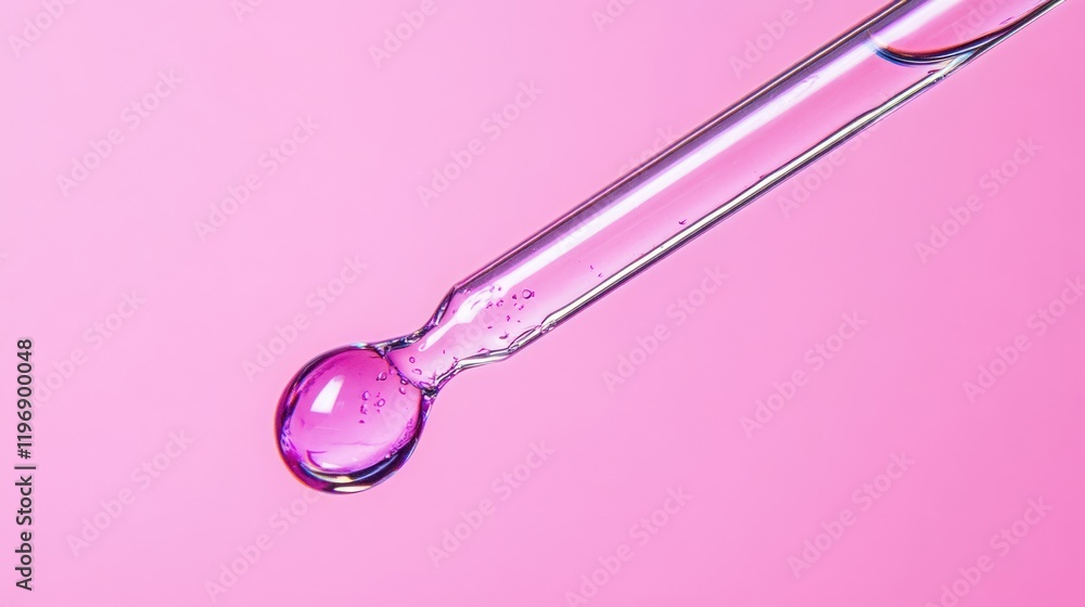 Close-up of a pipette with a drop of transparent liquid against a pink background. Close-up of a pipette with a drop of transparent liquid against a pink background.
